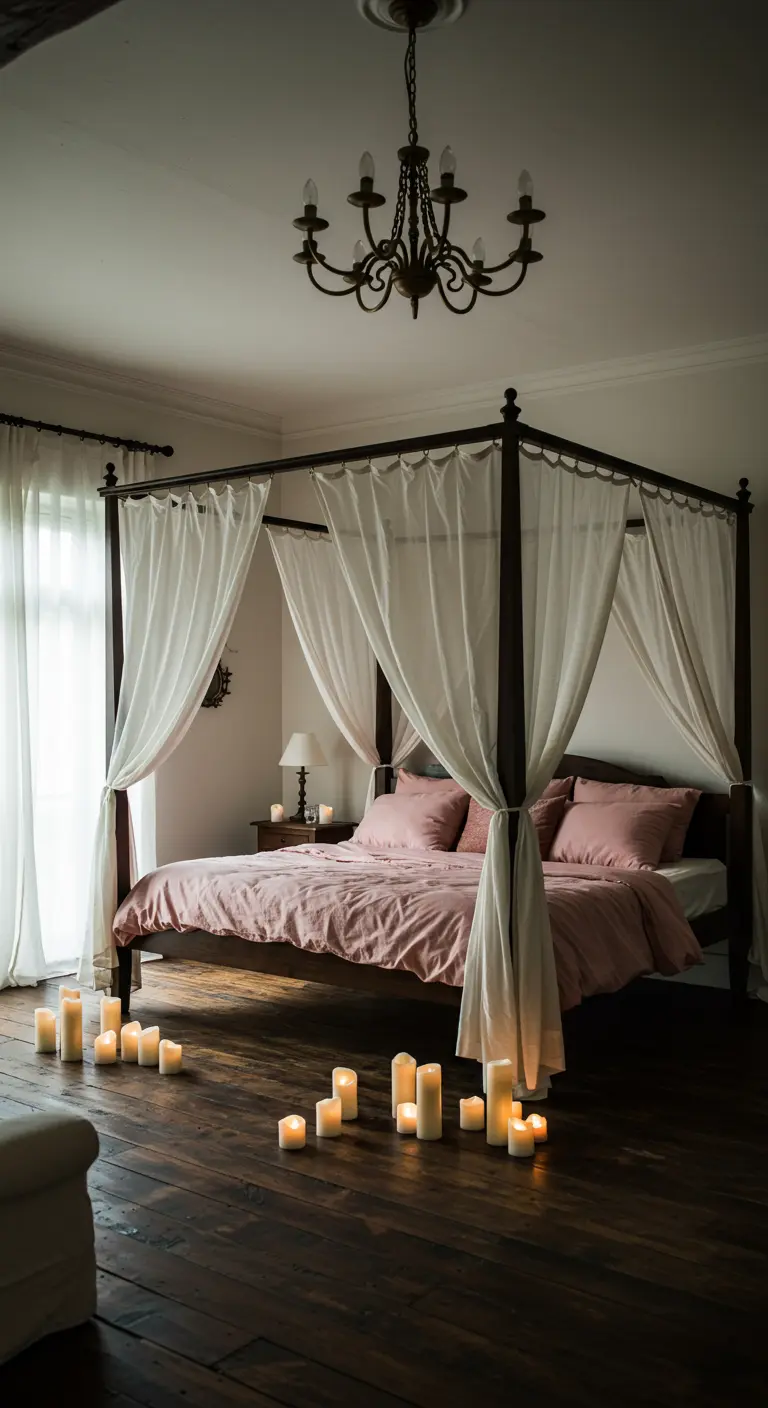 A dark wood four-poster bed with white drapes, surrounded by glowing candles on the floor.