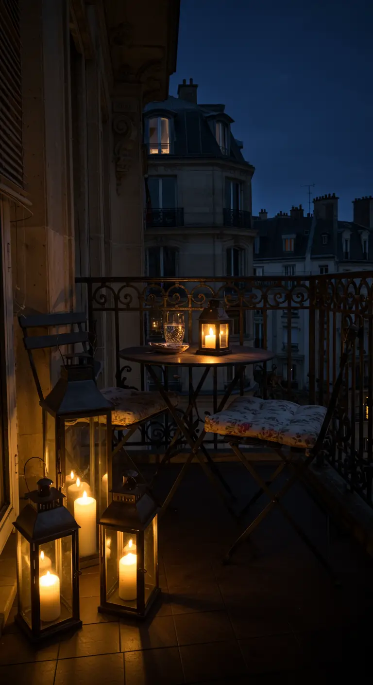 A dark balcony illuminated by a cluster of floor lanterns with glowing candles.