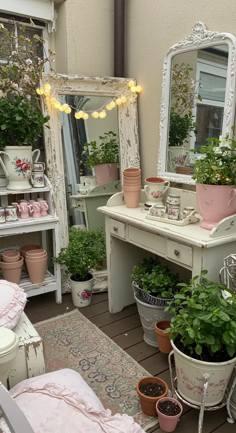 A shabby chic balcony with a vintage white vanity used as a potting bench and ornate mirrors.