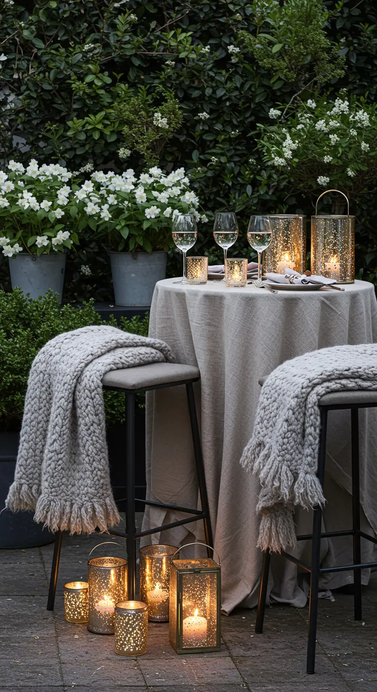 An intimate outdoor table setting for two with a long tablecloth and glowing candle holders.