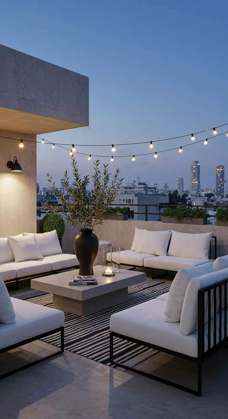 Rooftop lounge with black metal sofas, white cushions, and string lights overhead.
