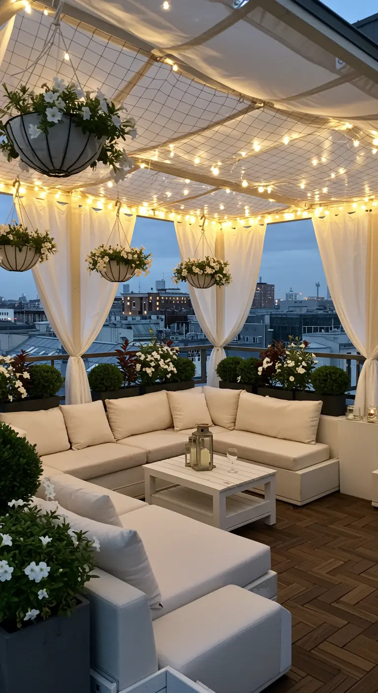 Elegant rooftop terrace with a white sectional sofa, hanging planters, and a canopy of lights.