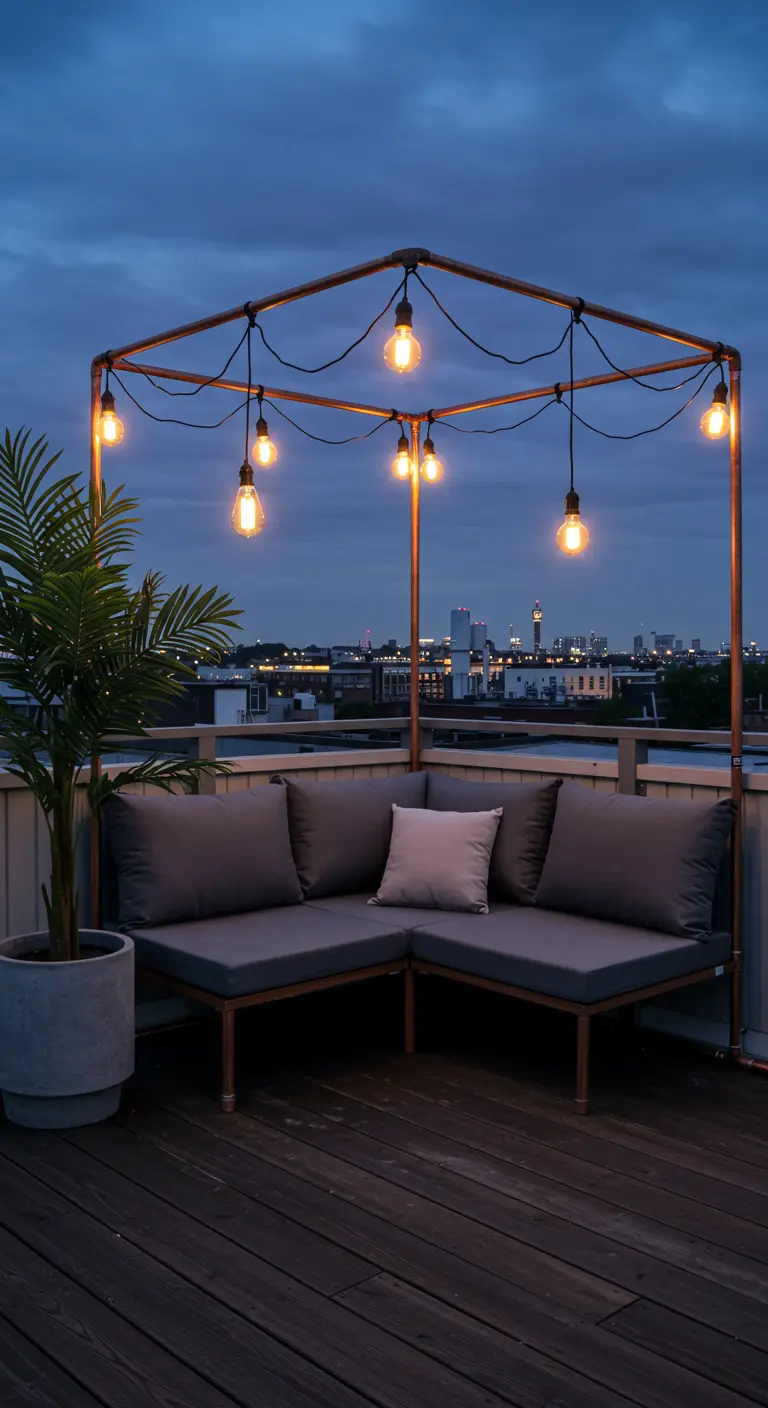 A cube-shaped copper pipe canopy with Edison bulbs over a sectional on a city rooftop.