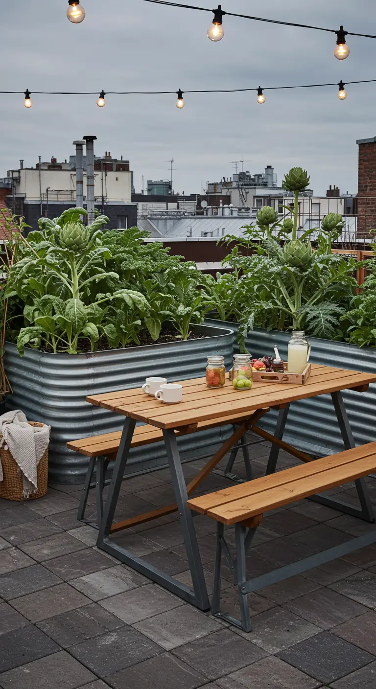 A rooftop garden with vegetables in galvanized steel beds and a picnic table.