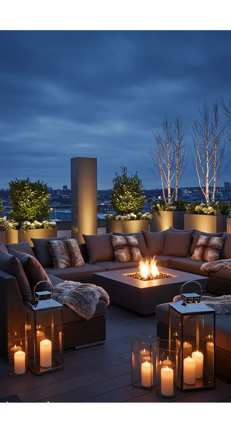 Rooftop terrace with a large sofa, a fire pit, and many glowing floor lanterns.