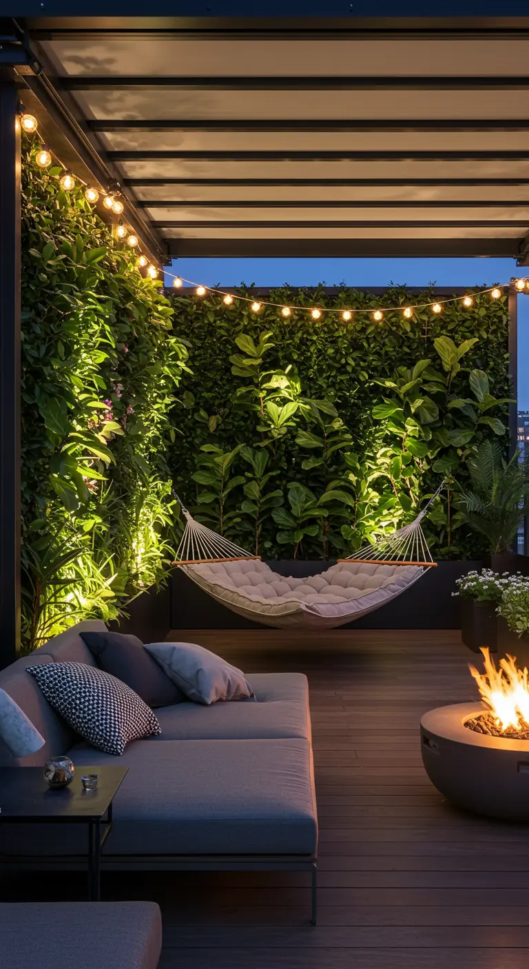 A chic rooftop terrace at night with a living wall, a modern fire pit, and a grey sectional sofa.