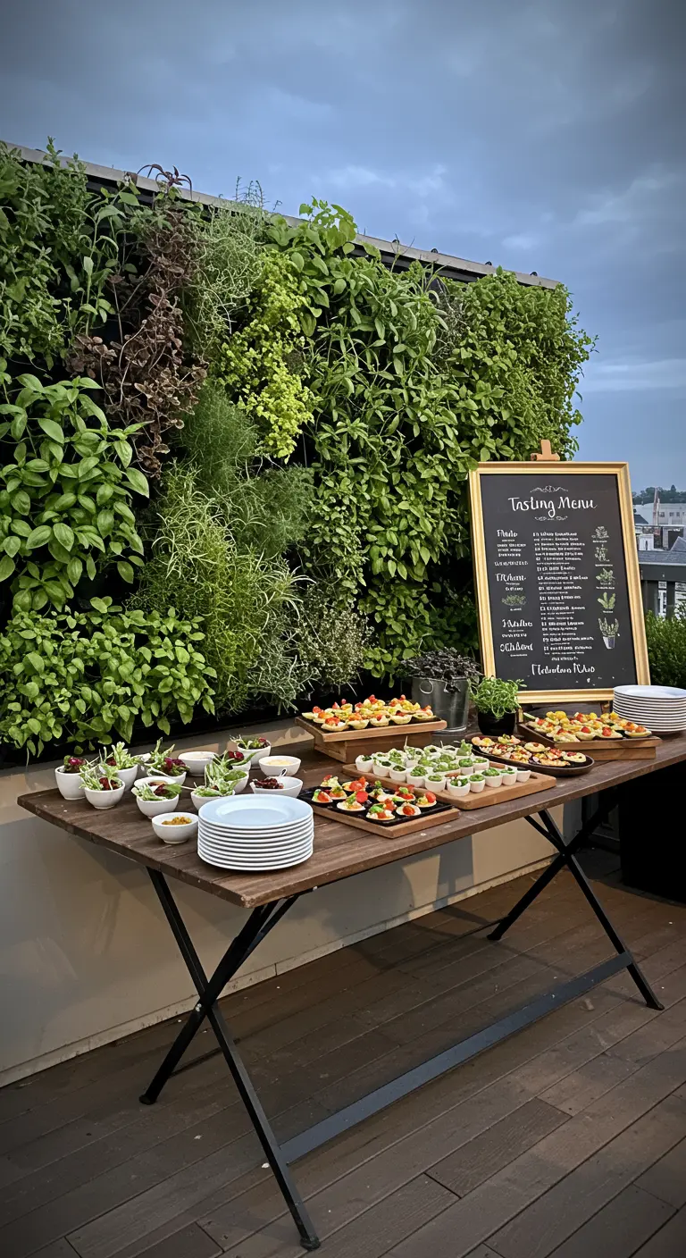 A rooftop terrace with a massive living herb wall behind a long buffet table with appetizers.