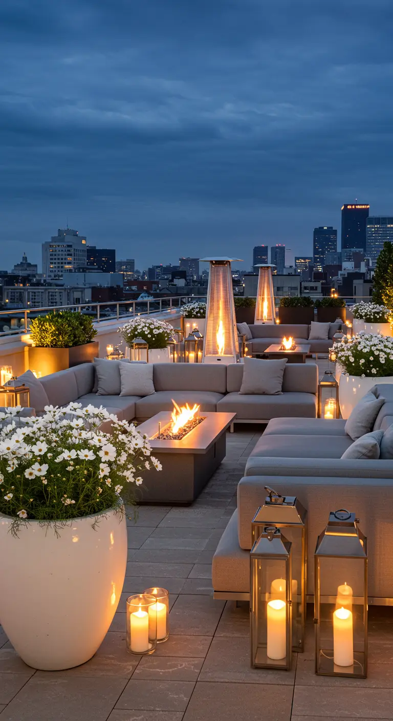 A spacious rooftop lounge with large sofas, a fire pit, heaters, and planters of white cosmos.