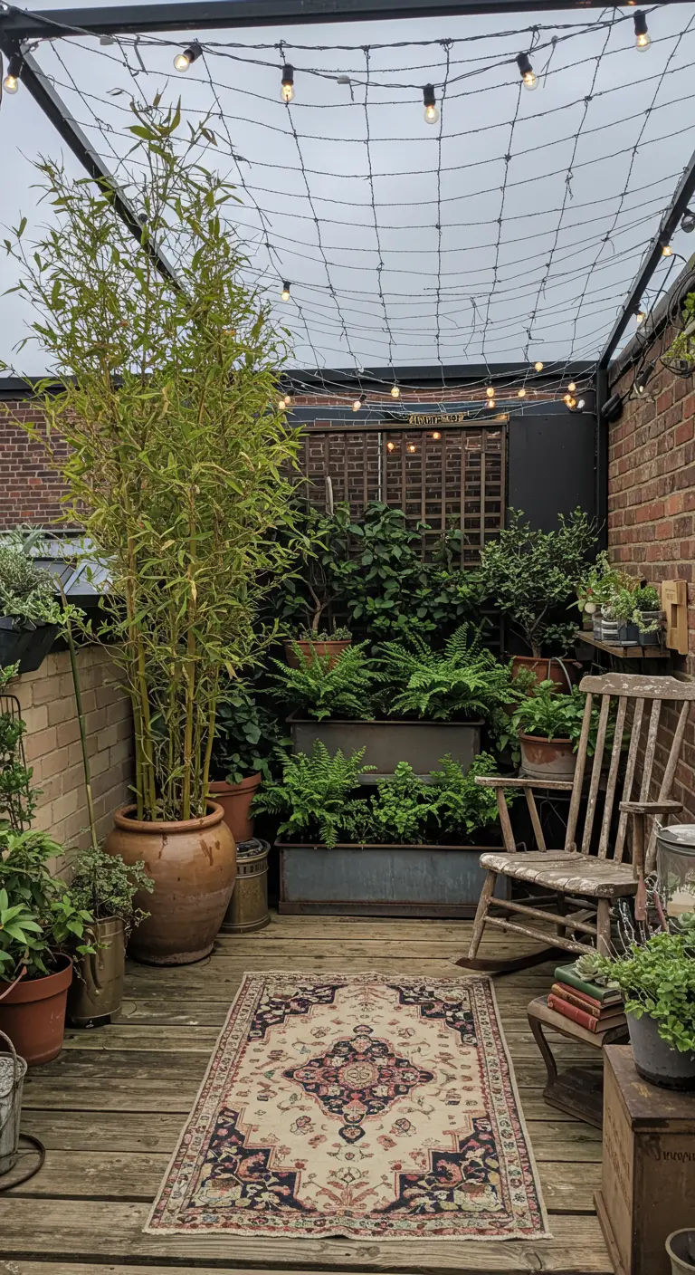 A spacious rooftop terrace with a large bamboo plant, vintage rug, and rocking chair.