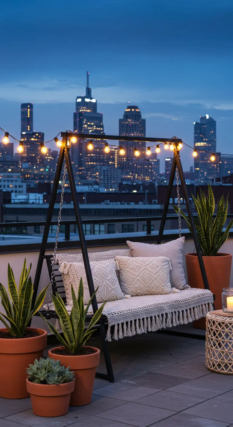 Fringed swing on a city rooftop with potted snake plants and a skyline view.