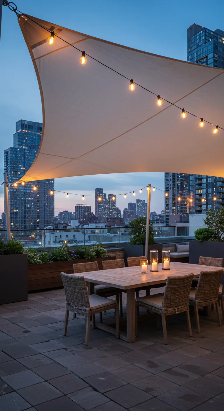 A large beige shade sail stretched over a rooftop dining area at dusk.