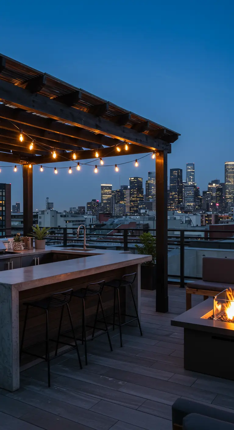 A rooftop pergola with an outdoor kitchen, bar, and fire pit, overlooking a city skyline at dusk.