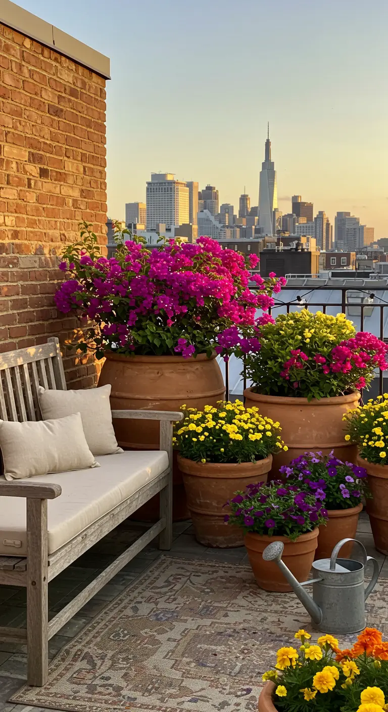 Rooftop patio with magenta bougainvillea in large terracotta pots next to a wooden bench at sunset.