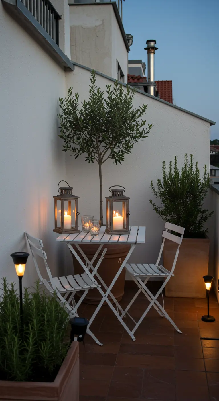 A romantic rooftop nook with a white bistro set, lanterns, and an olive tree.