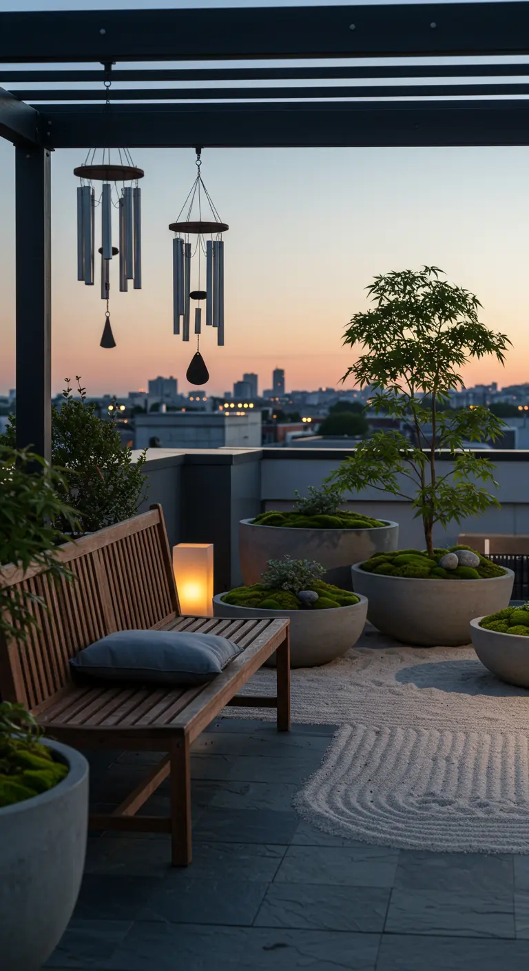 A rooftop zen garden at sunset with a wooden bench, wind chimes, and potted maple trees.