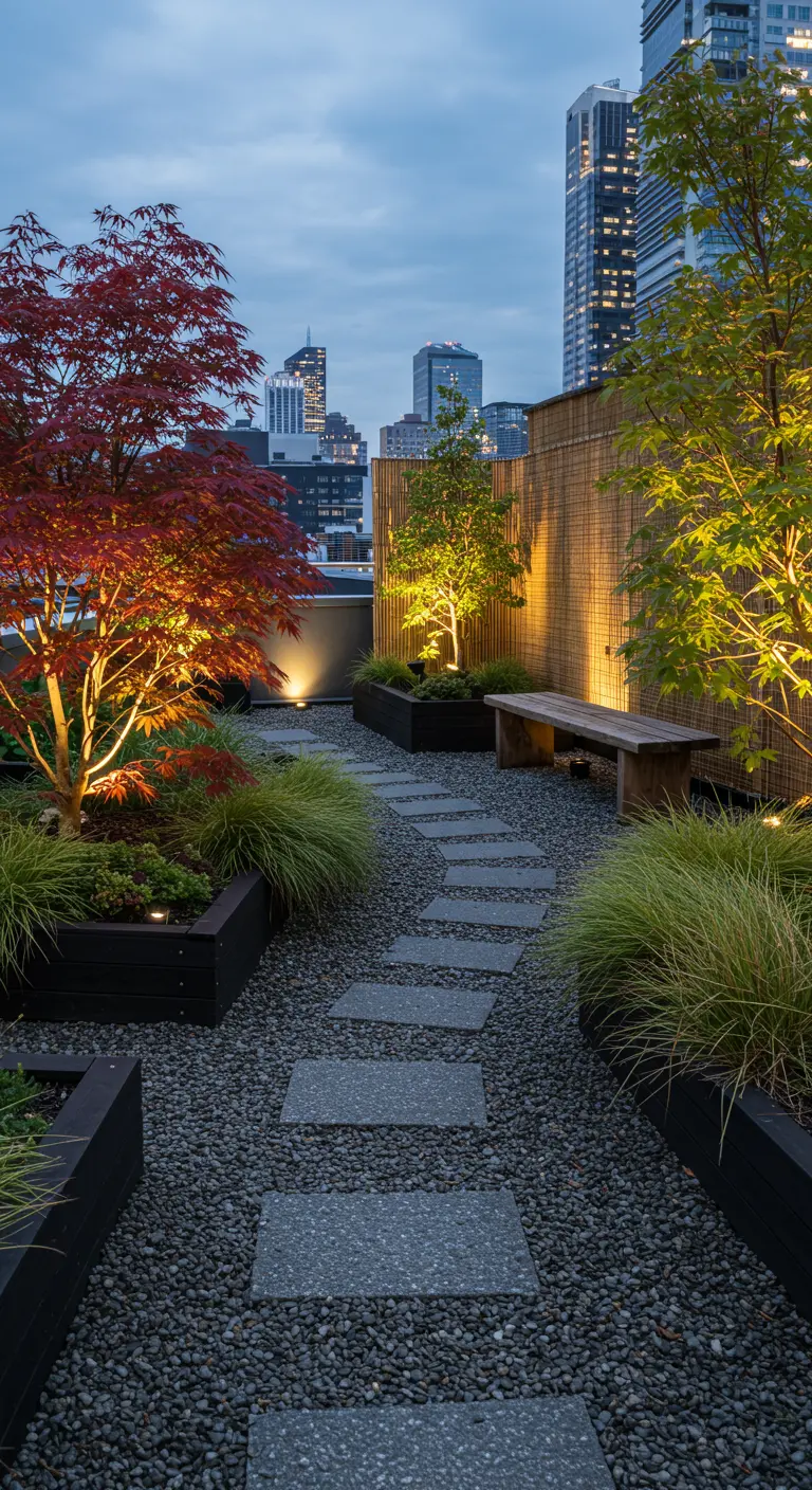 A rooftop garden path at dusk with illuminated trees and gravel.