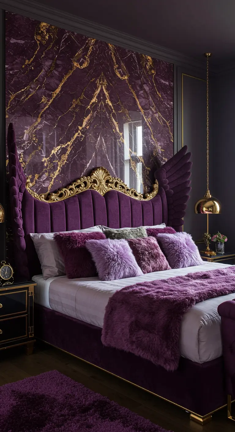 Dramatic purple and gold bedroom with a winged velvet bed and marble wall.