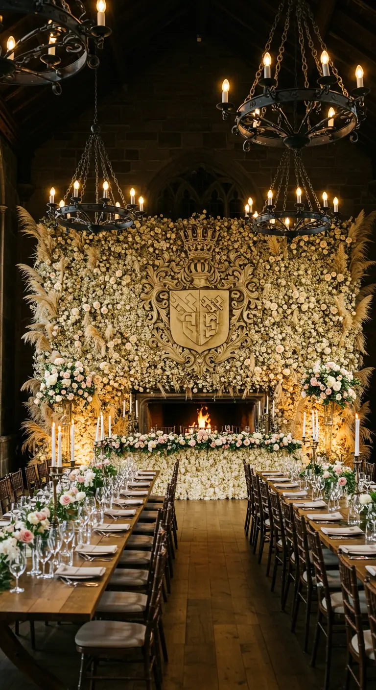 A massive flower wall with a large gold family crest over a fireplace in a castle-like hall.