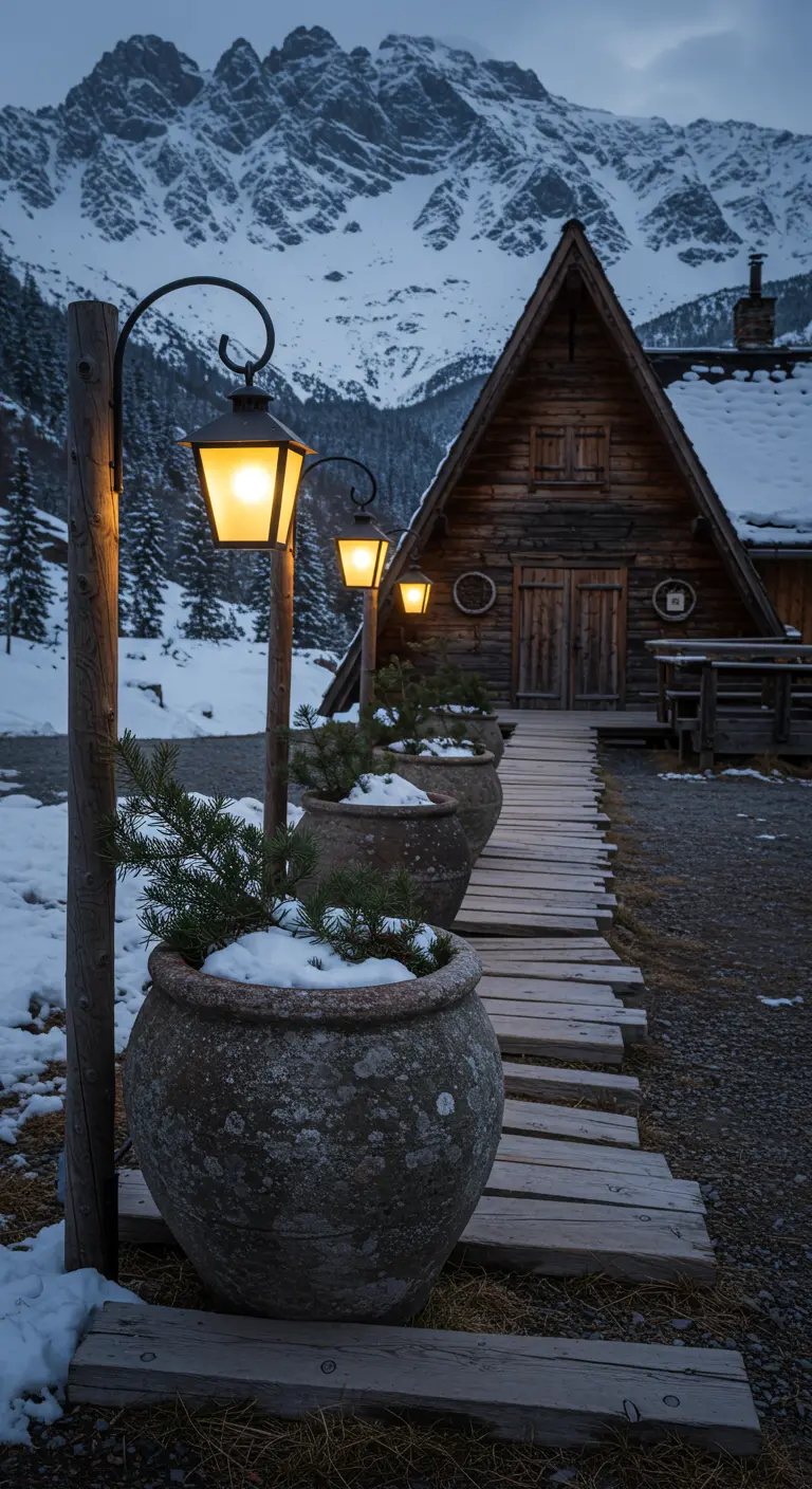 A wooden walkway leading to a log cabin, lined with large rustic pots in the snow.