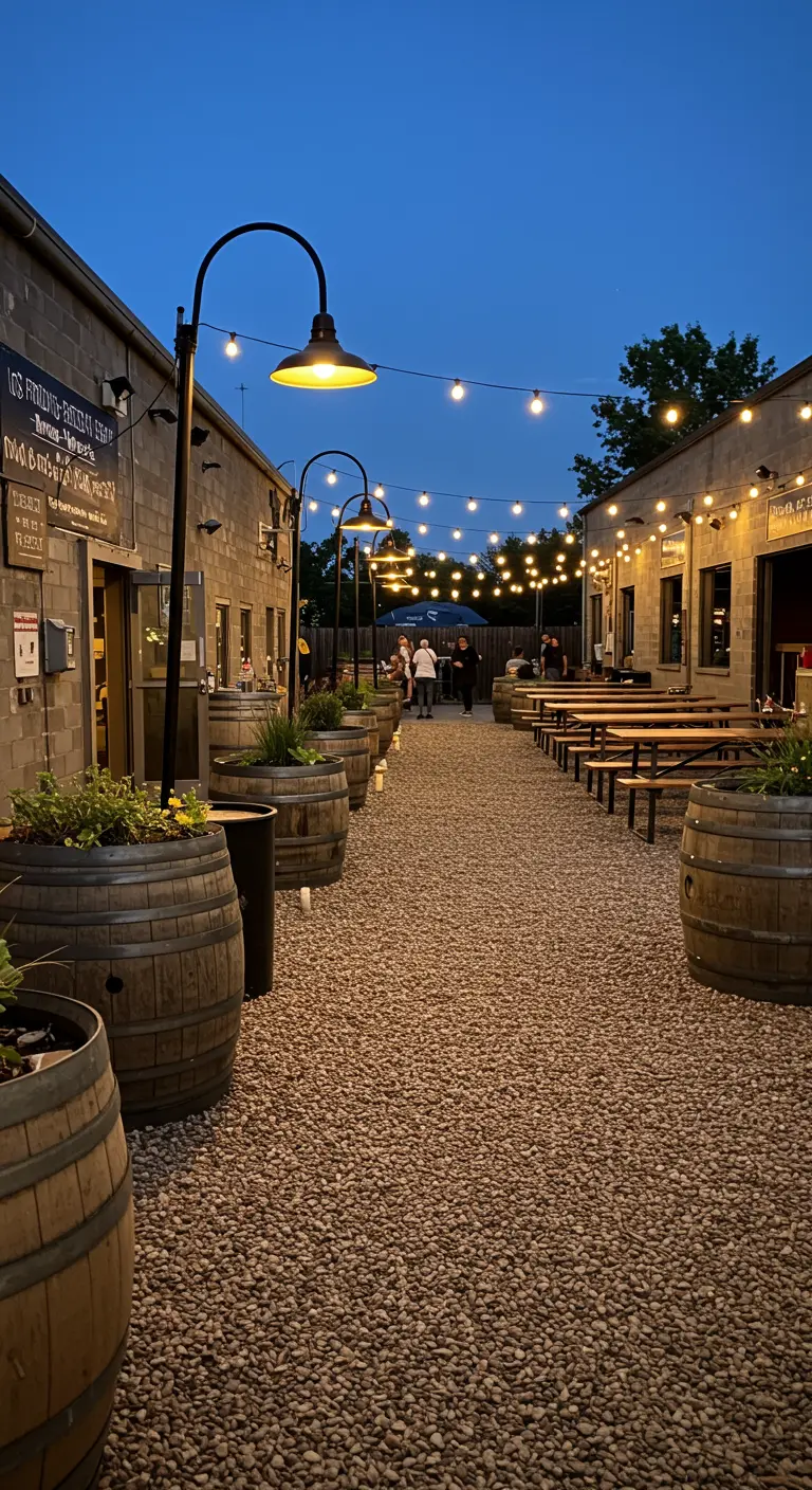 A gravel alley with picnic tables is lit by string lights and lined with large barrel planters.