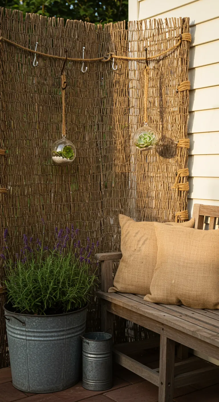A rustic woven screen with hanging globes, a wooden bench with burlap pillows, and lavender.