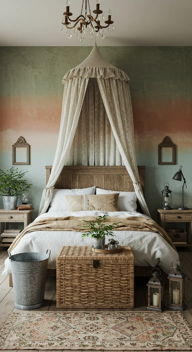 Rustic bedroom with a green and terracotta ombre wall and a lace canopy.