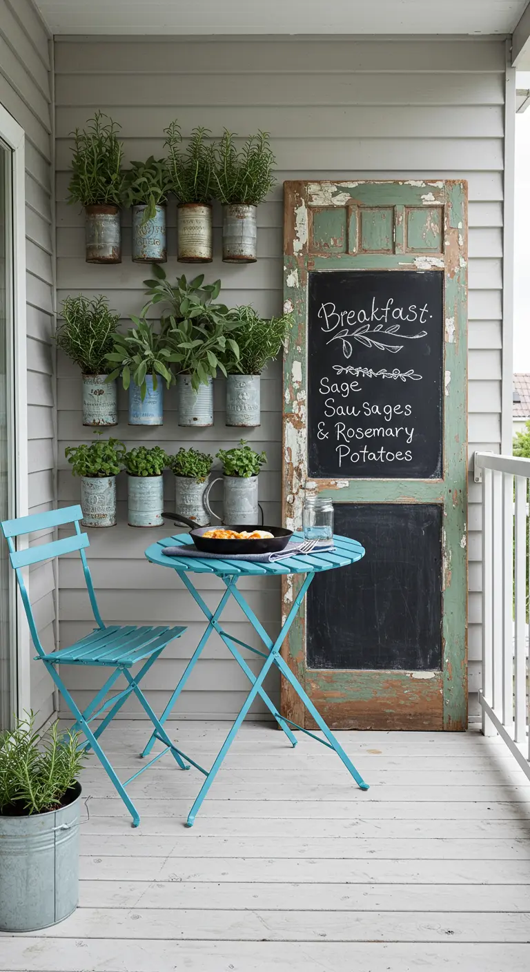 A balcony with herbs in tin cans and a repurposed door used as a chalkboard menu.