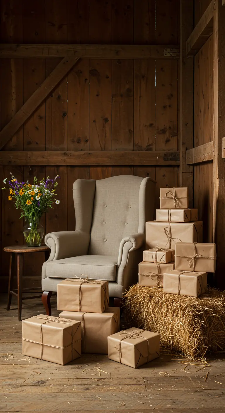 A cozy corner in a barn with an armchair and presents wrapped in brown paper and twine.