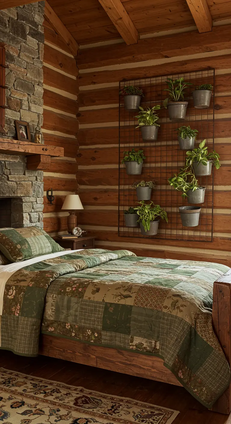 A log cabin bedroom with a black metal grid on the wall holding potted plants.
