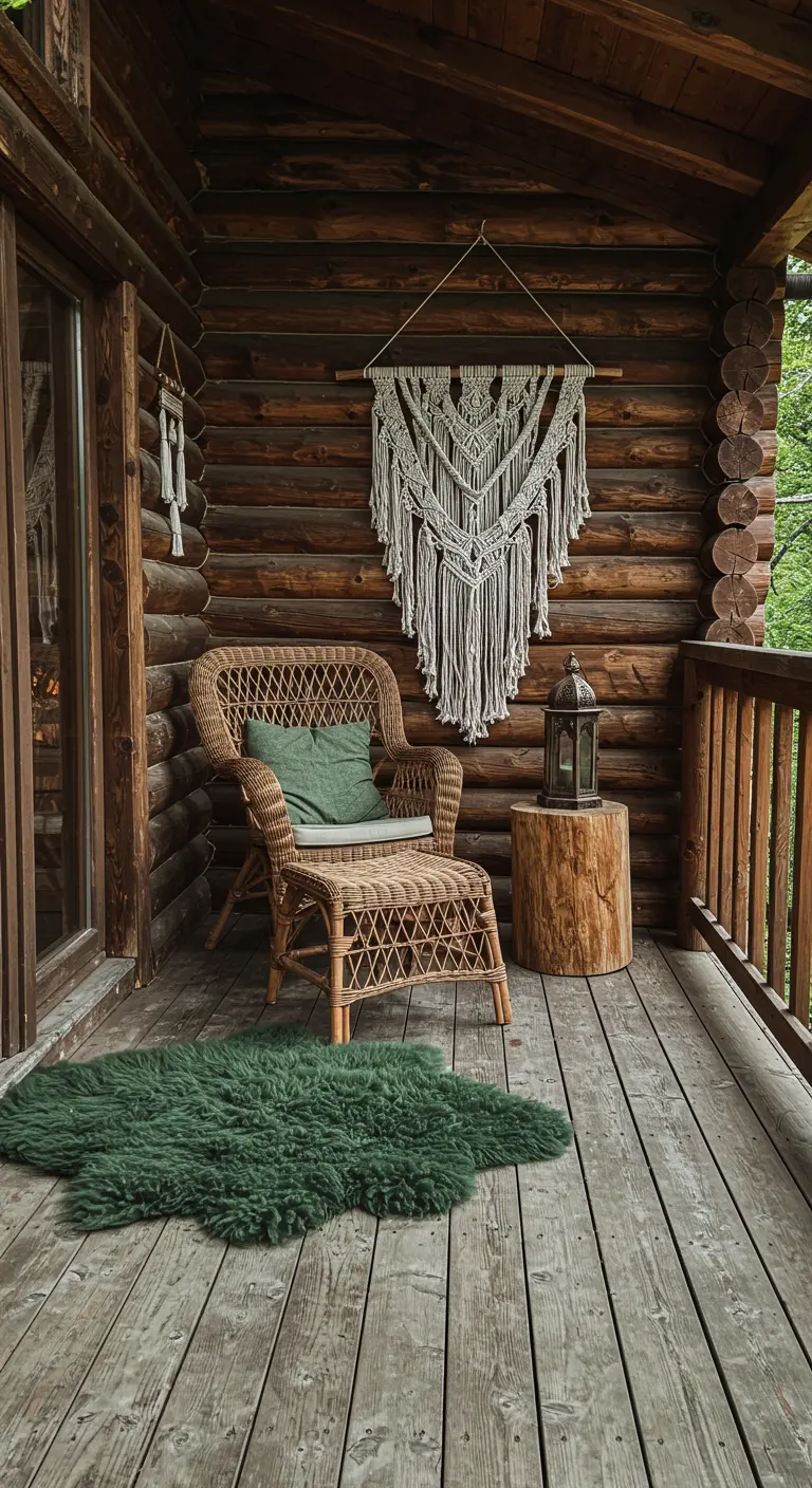 A rustic balcony corner on a log cabin with a wicker chair and a green sheepskin rug.