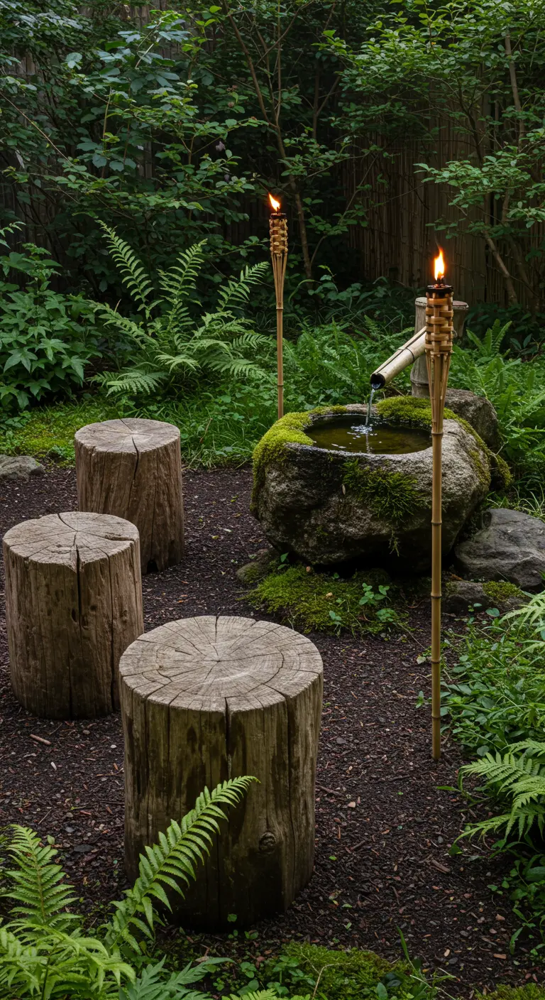 Three rustic log stumps used as seats around a mossy stone water basin with a bamboo spout.