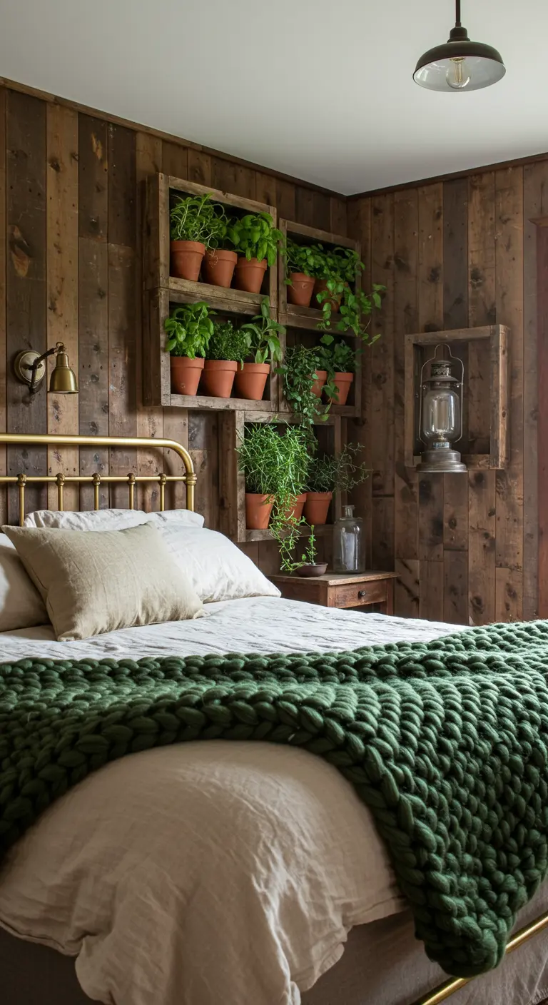 A rustic wood-paneled bedroom with terracotta pots on wall-mounted crate shelves.
