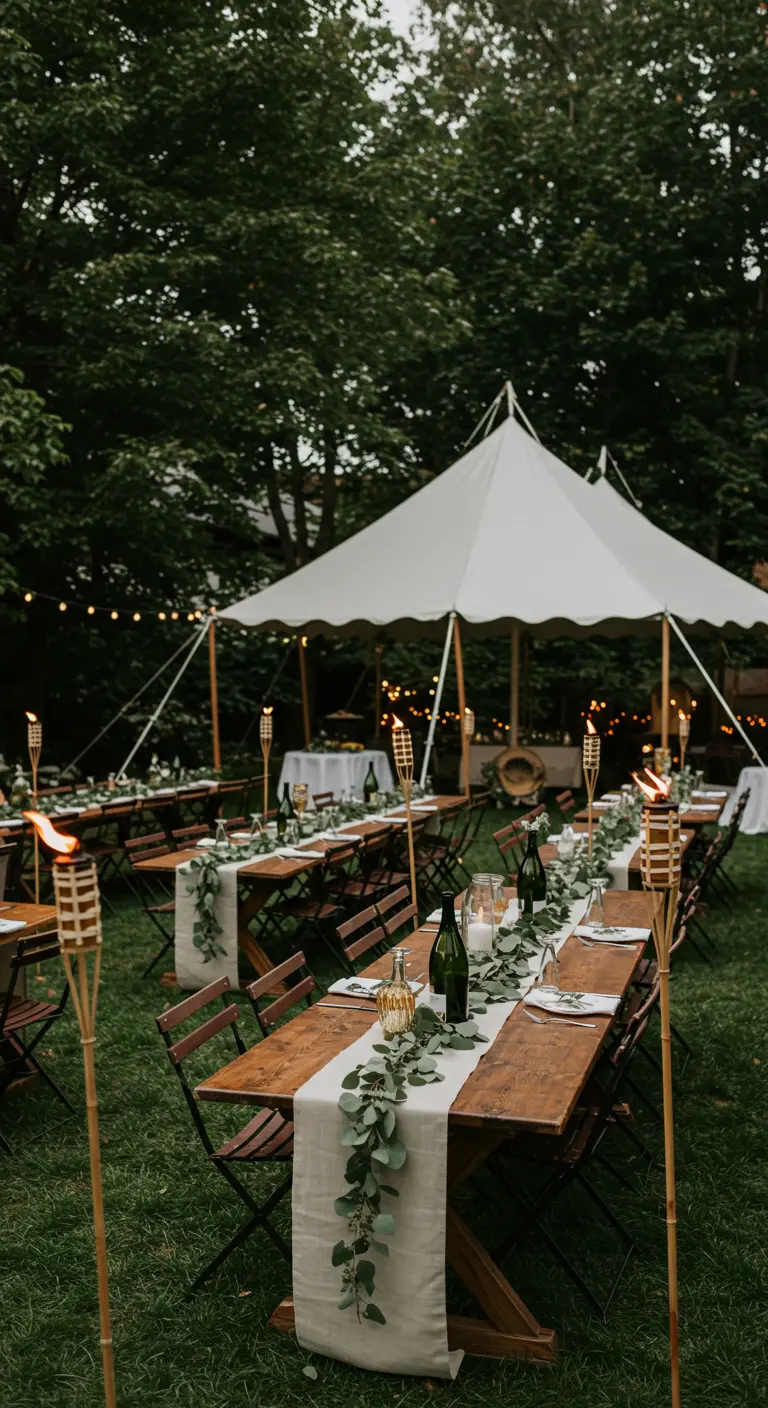 Long wooden tables at an outdoor wedding, decorated with bottle torches and eucalyptus.