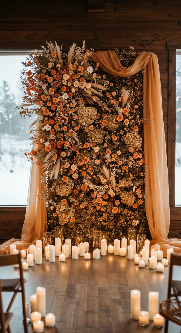 A rustic winter wedding backdrop of dried and fresh peach florals, surrounded by dozens of candles.