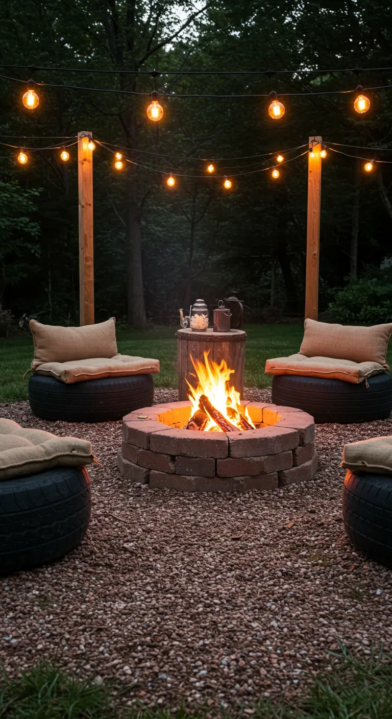 Rustic fire pit with burlap cushions on tire seats under string lights at dusk.
