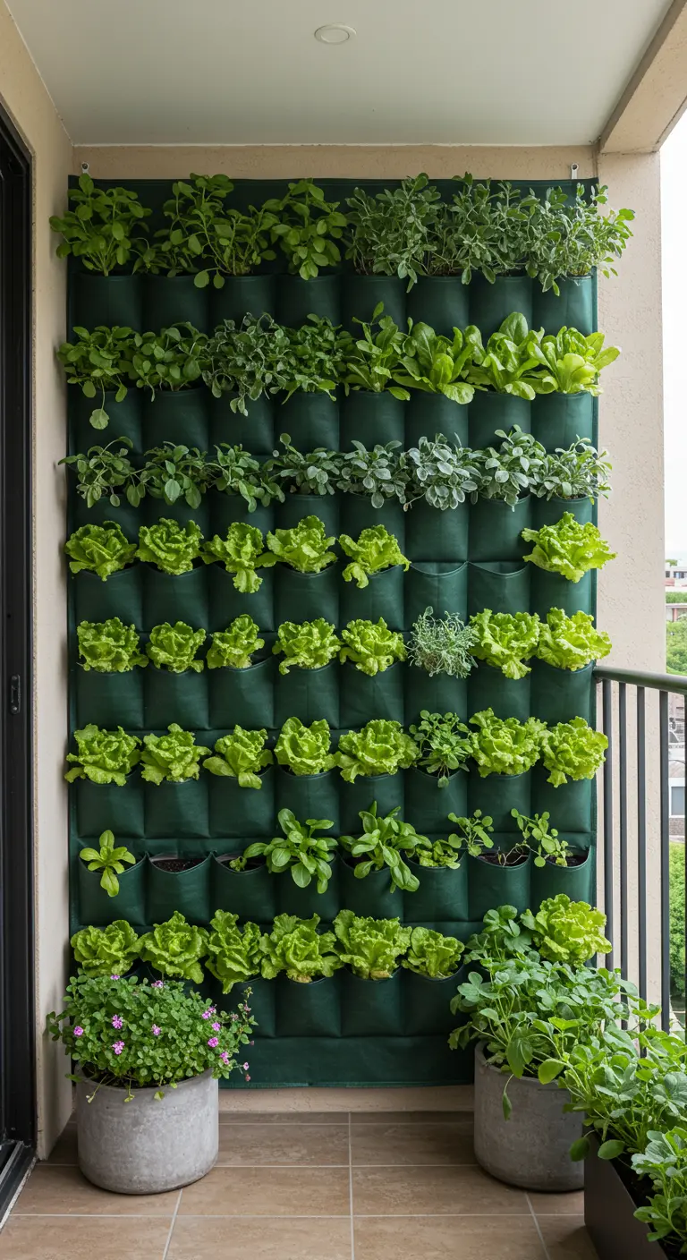 A large fabric pocket planter on a balcony wall filled with rows of lettuce and herbs.