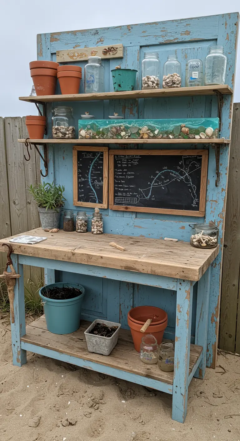 A weathered blue potting bench with a coastal theme, decorated with shells, jars, and tide charts.