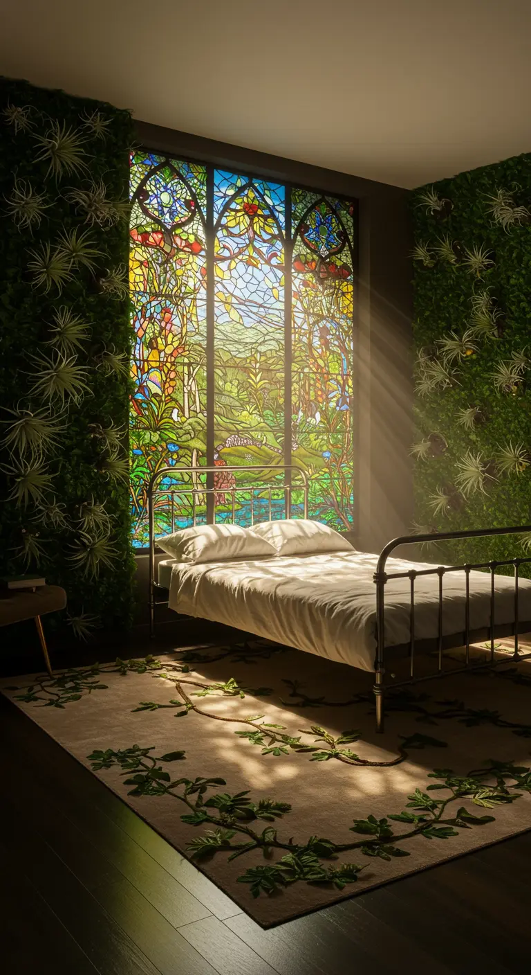 A bedroom where light streams through a large, colorful stained-glass window onto a simple bed.