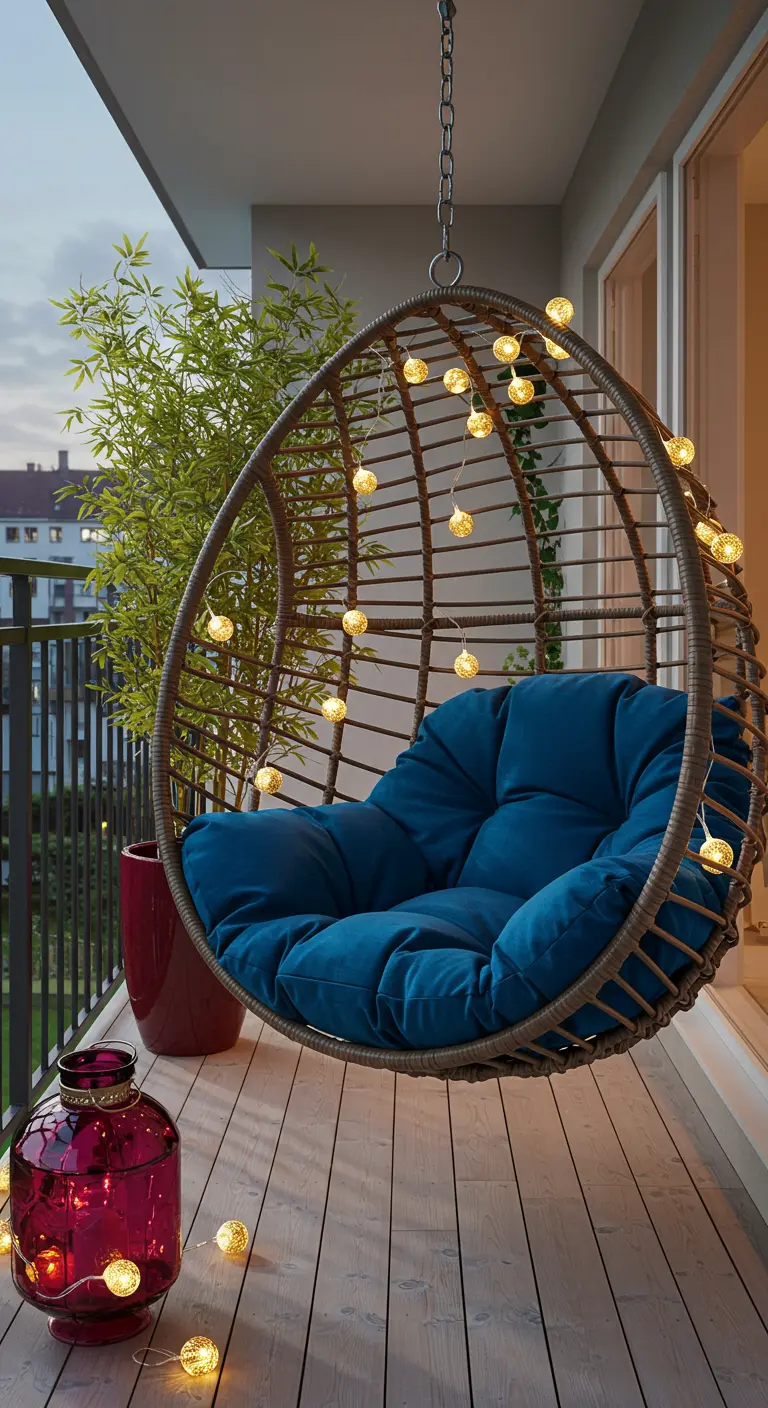A hanging egg chair with a plush sapphire blue cushion, wrapped in warm globe string lights.