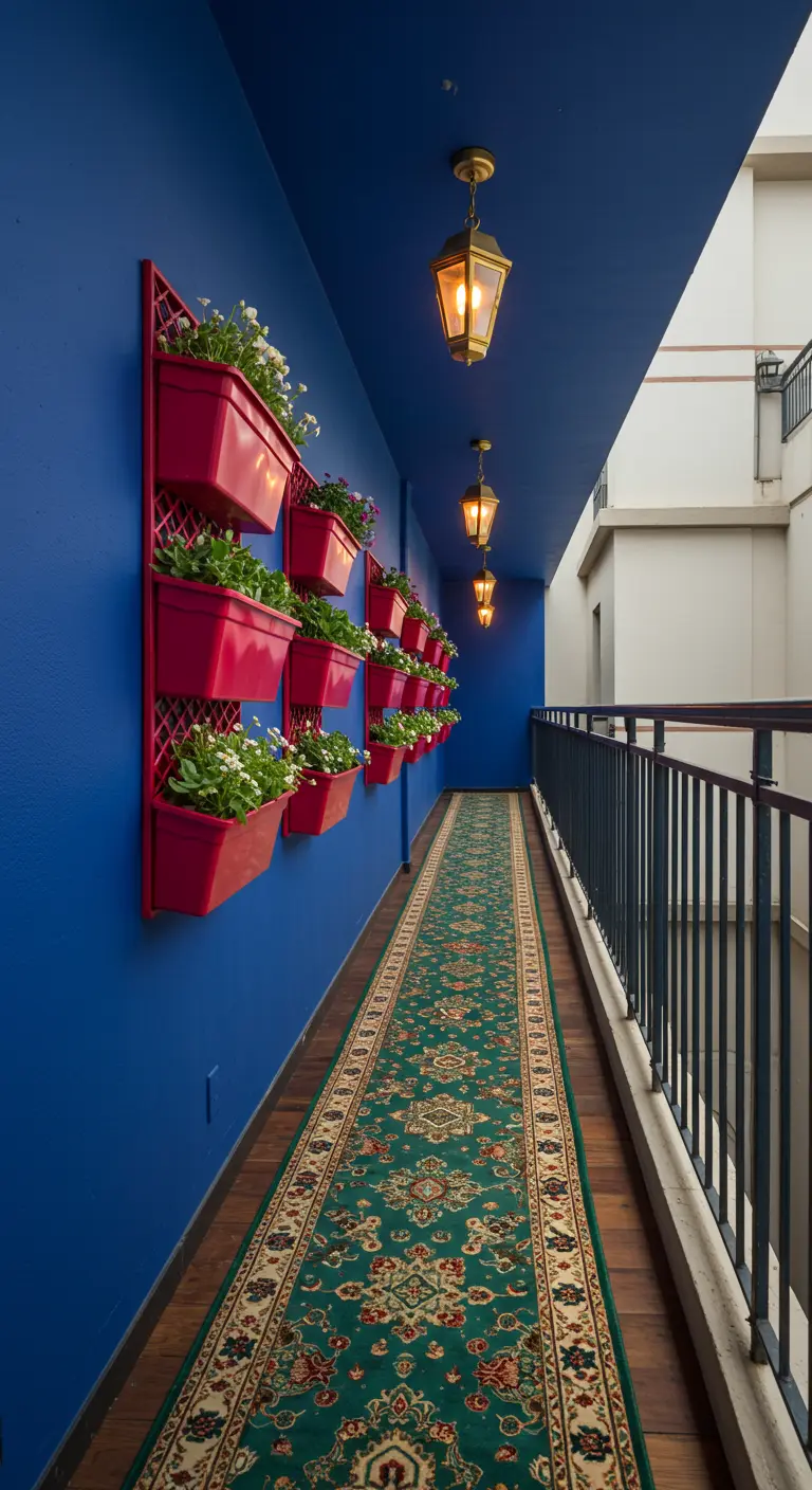 A long, narrow balcony painted deep blue, with a red vertical planter and a patterned runner rug.