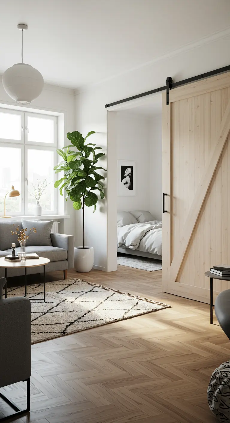 Scandinavian living room with a light wood barn door leading to the bedroom.