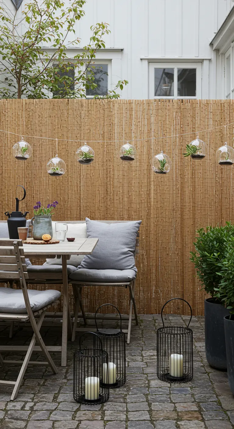 An outdoor dining area with a bamboo screen, grey furniture, and black lanterns.