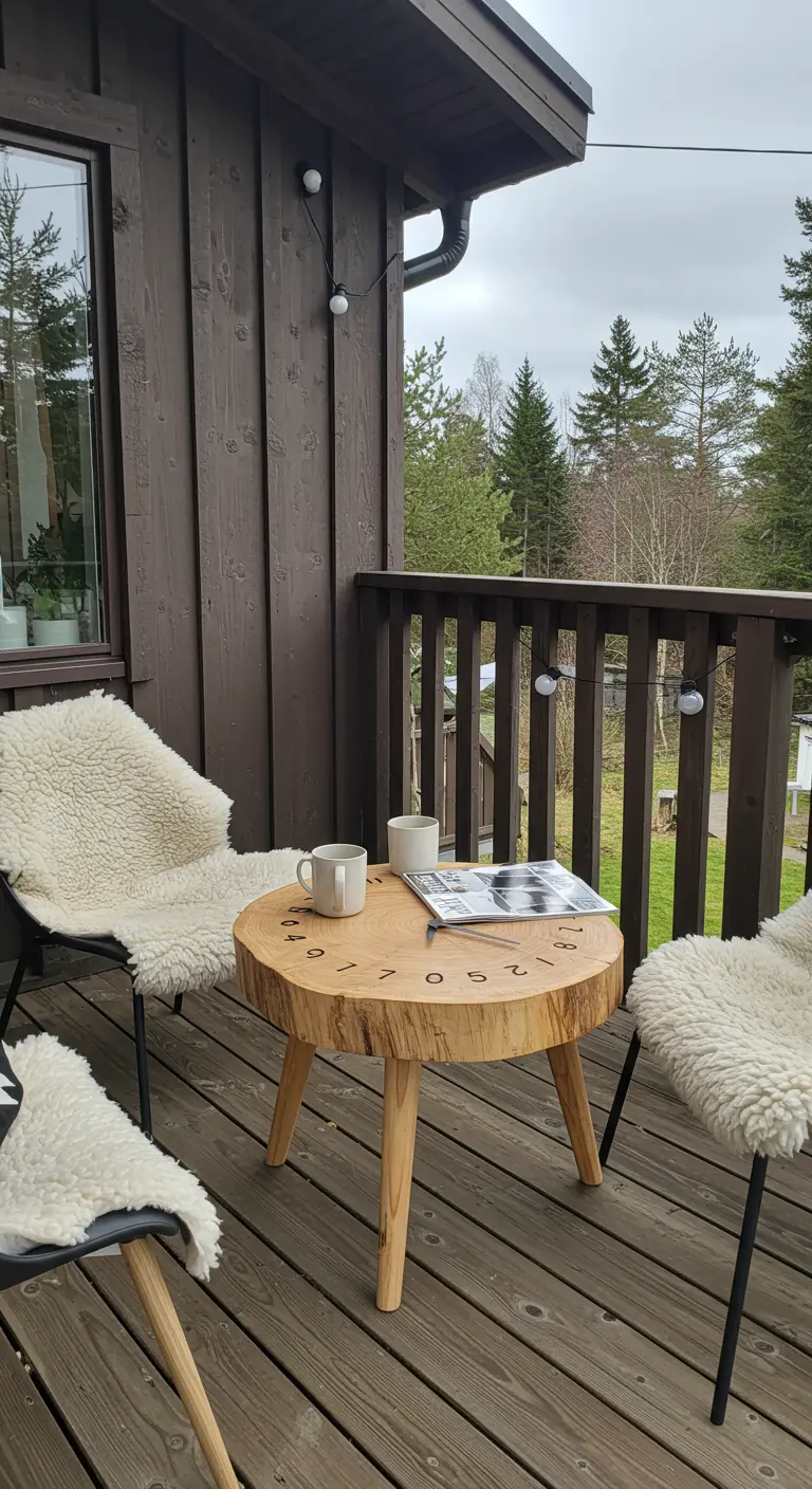 A light wood slice table with tapered legs, flanked by chairs with white sheepskin throws.