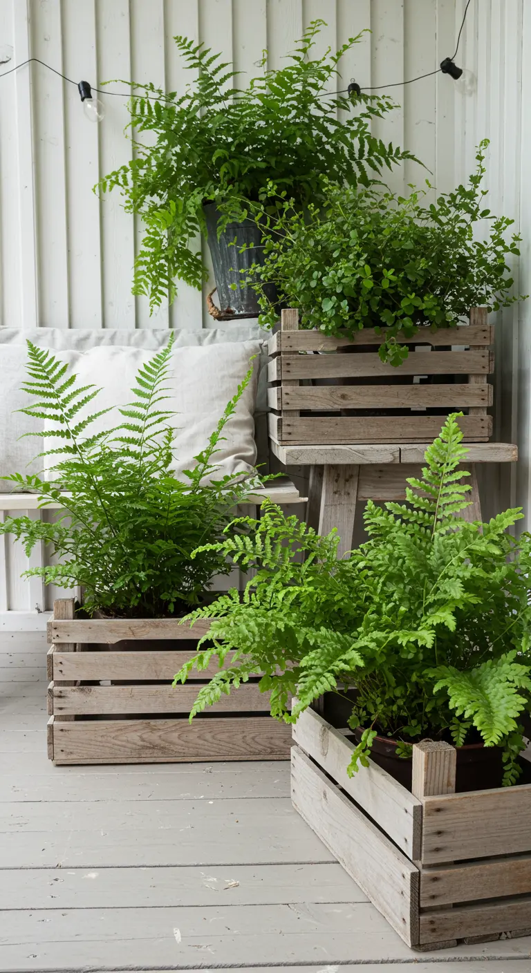 Unfinished wooden crates with ferns placed next to a white bench on a light-colored wooden porch.