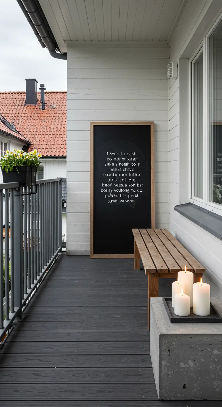A minimalist Scandinavian-style balcony with a concrete candle holder, a simple bench, and a tall chalkboard with a quote.