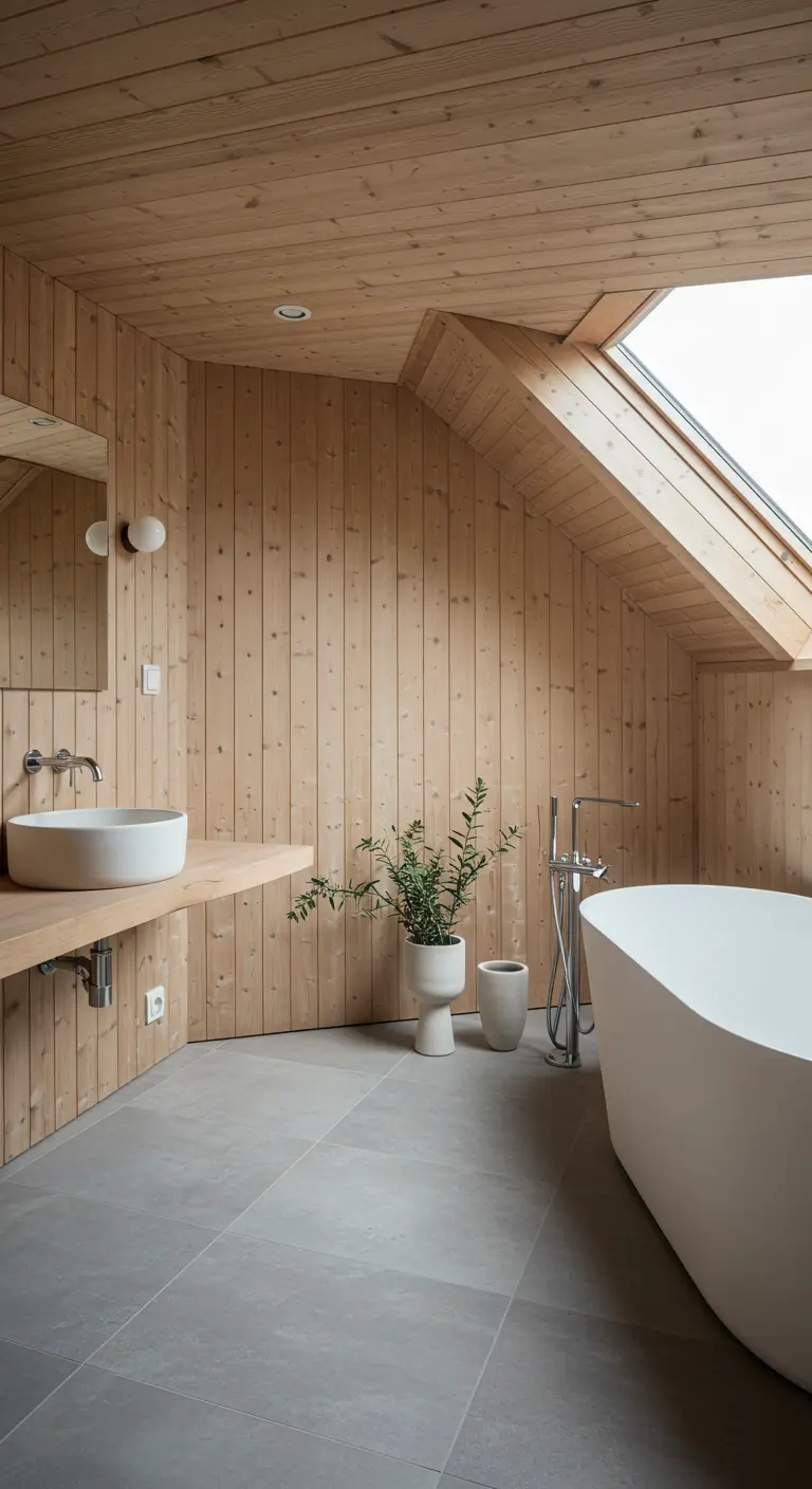 Attic bathroom with light wood paneling on walls and ceiling, with a white tub and sink.