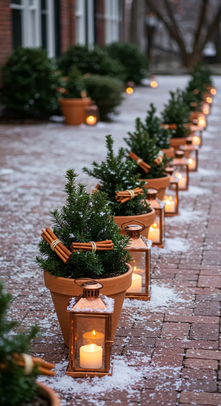A row of terracotta pots with small evergreens, each decorated with a bundle of cinnamon sticks.