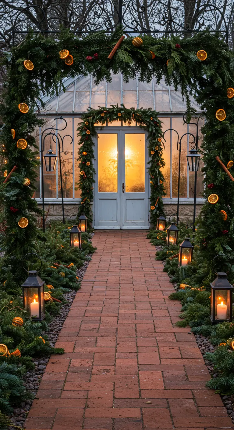 Greenhouse entrance with brick path lined with lanterns and fragrant garlands.