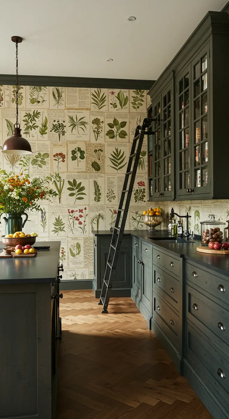 Kitchen with vintage botanical illustration wallpaper, dark cabinets, and a library ladder.