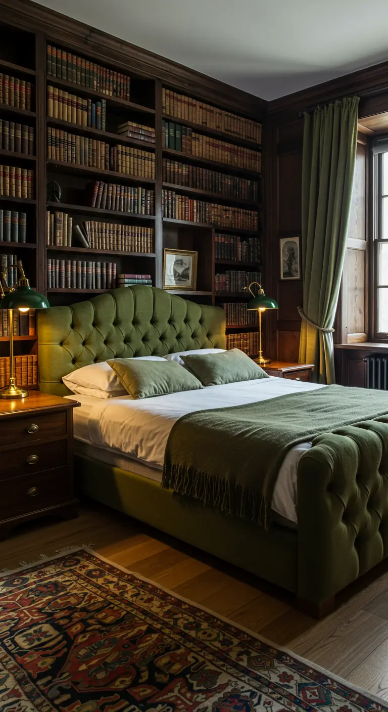 A cozy library bedroom with an olive green velvet bed nestled among floor-to-ceiling bookshelves.